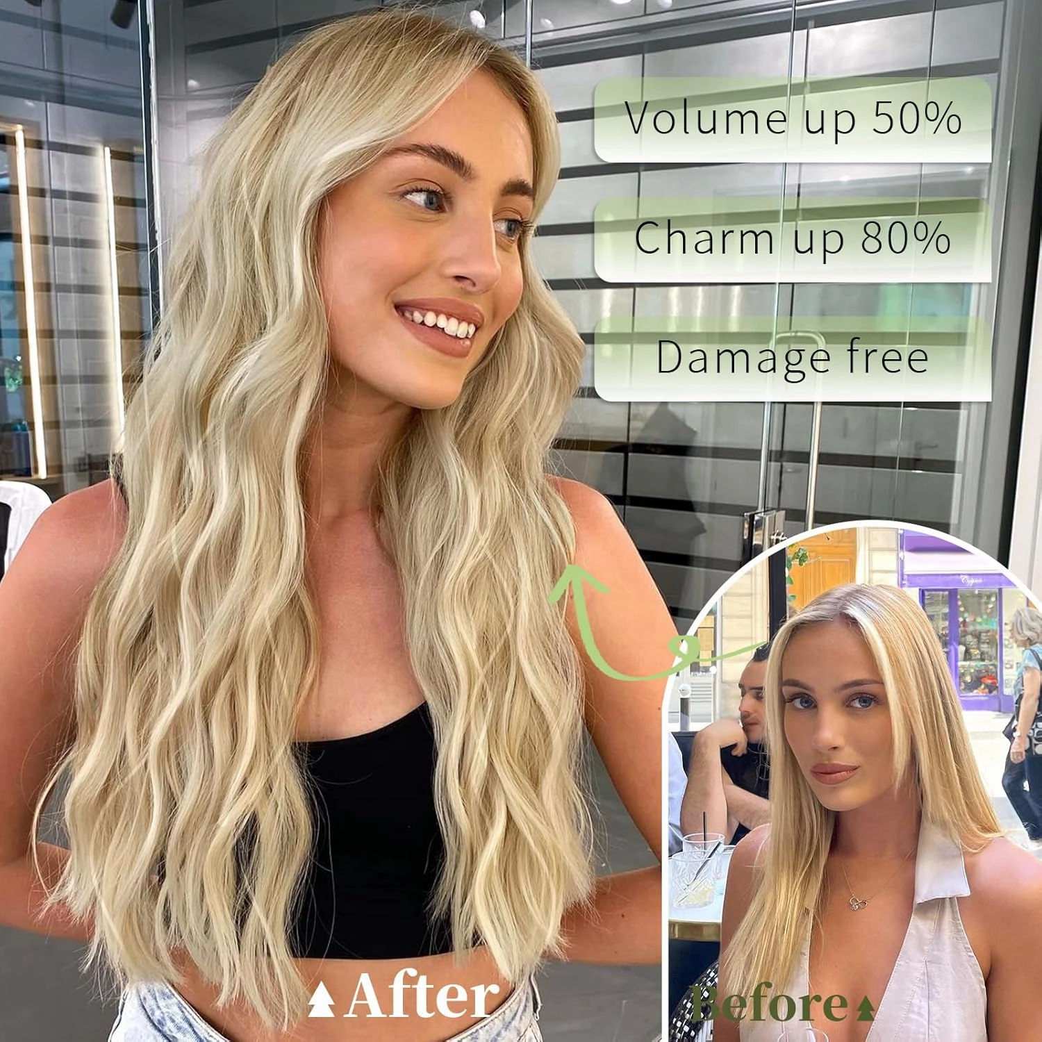 KooKaStyle Invisible Wire Hair Extensions with Transparent Wire Headband Adjustable Size 4 Secure Clips Long Wavy Hairpiece for Women(Beige Blonde mix Lvory Blonde Highlights16inch)