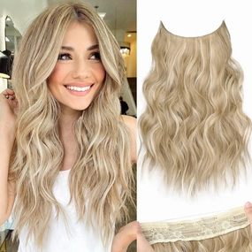 KooKaStyle Invisible Wire Hair Extensions with Transparent Wire Headband Adjustable Size 4 Secure Clips Long Wavy Hairpiece for Women(Beige Blonde mix Lvory Blonde Highlights16inch)