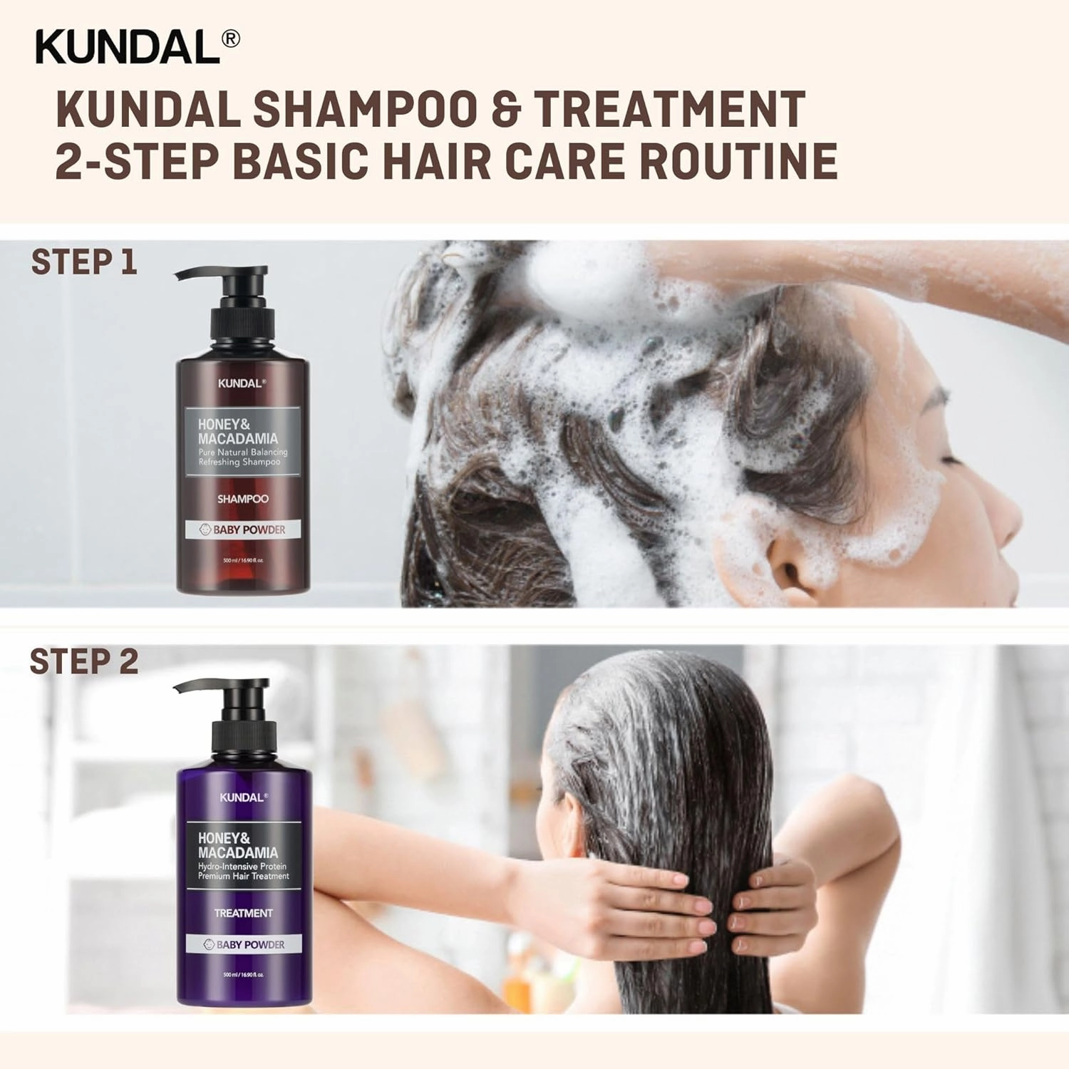 KUNDAL Natural Shampoo and Conditioner Set [Baby Powder] - Korean Hair Care, Long Lasting Fragrance, Moisturize, Nourish, Frizz Control, Argan & Macadamia Oil, Sulfate-Free 16.9fl oz (Pack of 2)