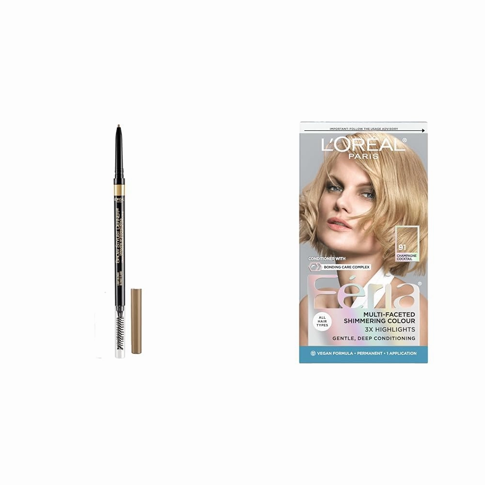 L'Oreal Paris Feria Hair Color and Brow Stylist Definer Eyebrow Pencil Bundle, Includes 1 Box of Feria 91 Light Beige Blonde Hair Dye   1 Light Blonde Eyebrow Pencil