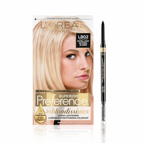L'Oreal Paris Preference Hair Color and Brow Stylist Definer Eyebrow Pencil Bundle, Includes 1 Box of Preference LB02 Extra Light Blonde Hair Dye   1 Light Blonde Eyebrow Pencil