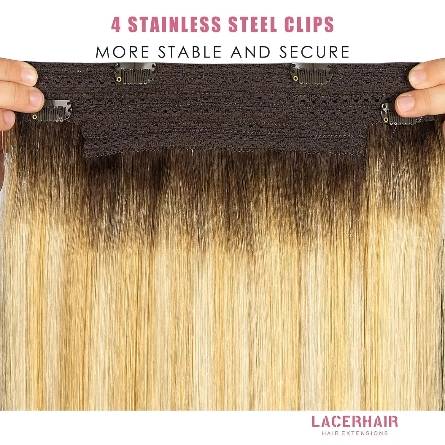 Lacer Hair 20inch Wire Extensions Real Human Hair Adjustable Size Invisible Hairpieces Straight Transparent Line Human Hair Extensions 110g Rooted Caramel Blond Mixed Bleach Blonde