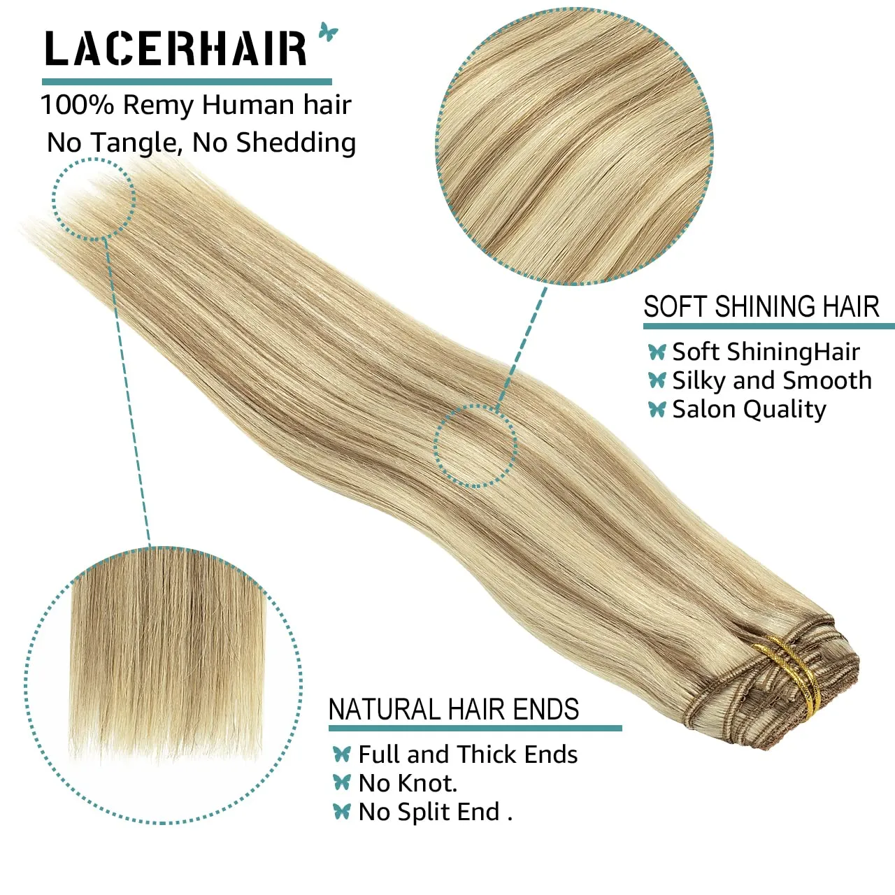 Lacer Hair Clip In Hair Extensions Human Virgin Hair Thick Weft Light Brown And Platinum Blonde Highlights Color Metal Clip Salon Quality Straight Clip In Hair Extension 7 Pieces 140 Gram 22 Inch