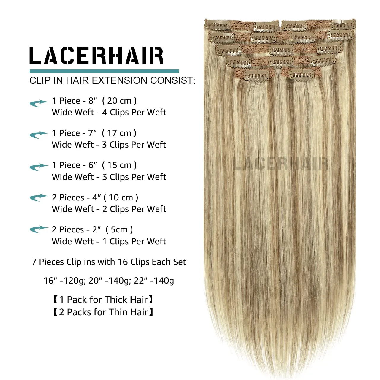 Lacer Hair Clip In Hair Extensions Human Virgin Hair Thick Weft Light Brown And Platinum Blonde Highlights Color Metal Clip Salon Quality Straight Clip In Hair Extension 7 Pieces 140 Gram 22 Inch