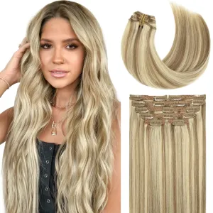 Lacer Hair Clip In Hair Extensions Human Virgin Hair Thick Weft Light Brown And Platinum Blonde Highlights Color Metal Clip Salon Quality Straight Clip In Hair Extension 7 Pieces 140 Gram 22 Inch