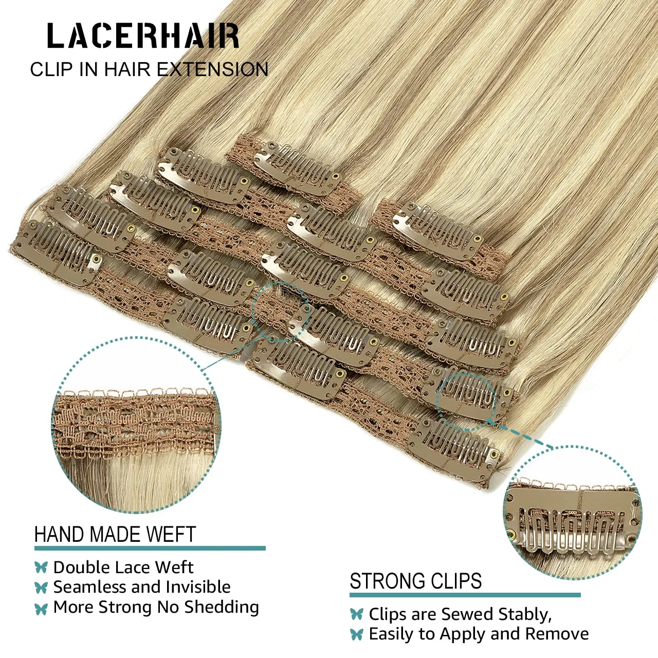 Lacer Hair Clip In Hair Extensions Human Virgin Hair Thick Weft Light Brown And Platinum Blonde Highlights Color Metal Clip Salon Quality Straight Clip In Hair Extension 7 Pieces 140 Gram 22 Inch