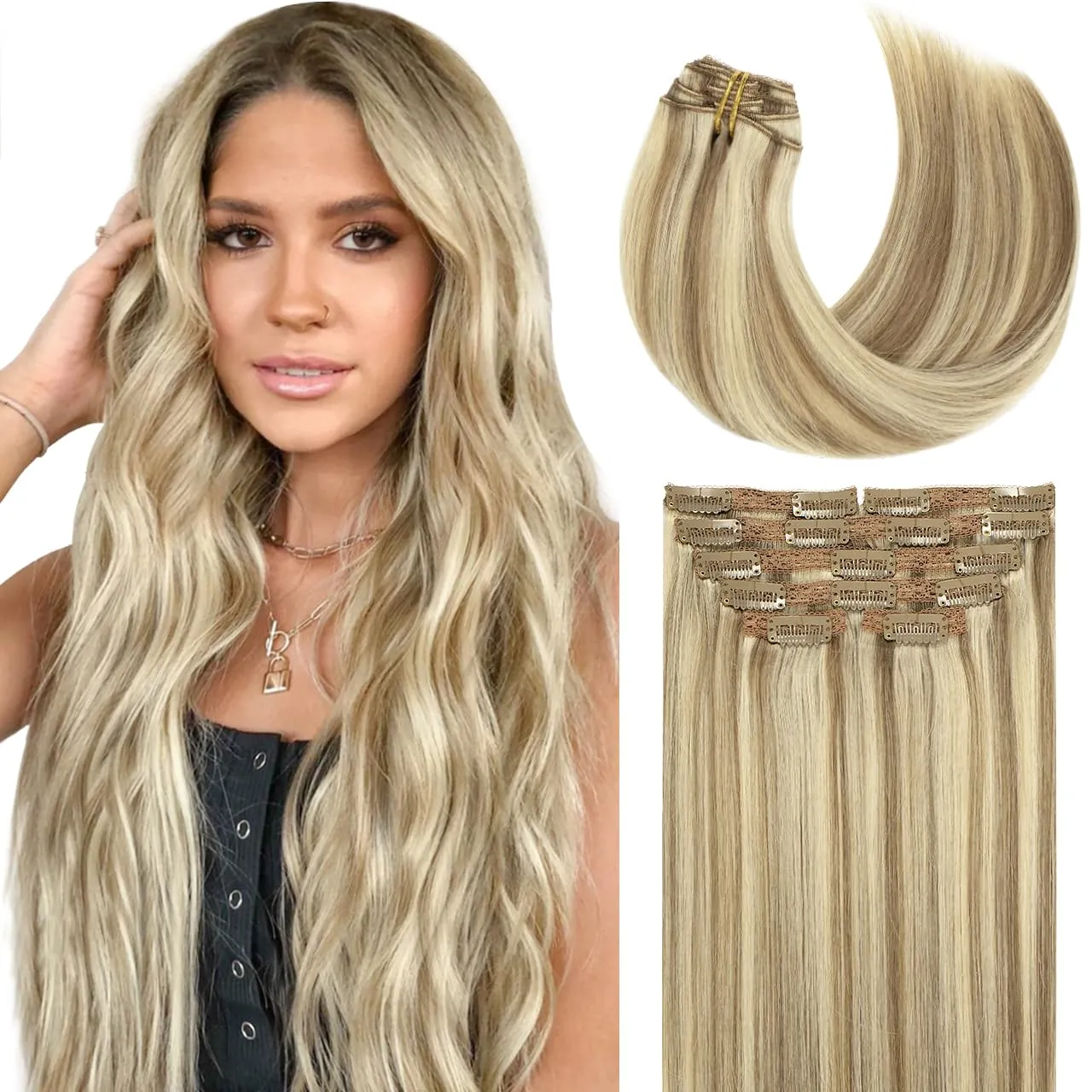 Lacer Hair Clip In Hair Extensions Human Virgin Hair Thick Weft Light Brown And Platinum Blonde Highlights Color Metal Clip Salon Quality Straight Clip In Hair Extension 7 Pieces 140 Gram 22 Inch