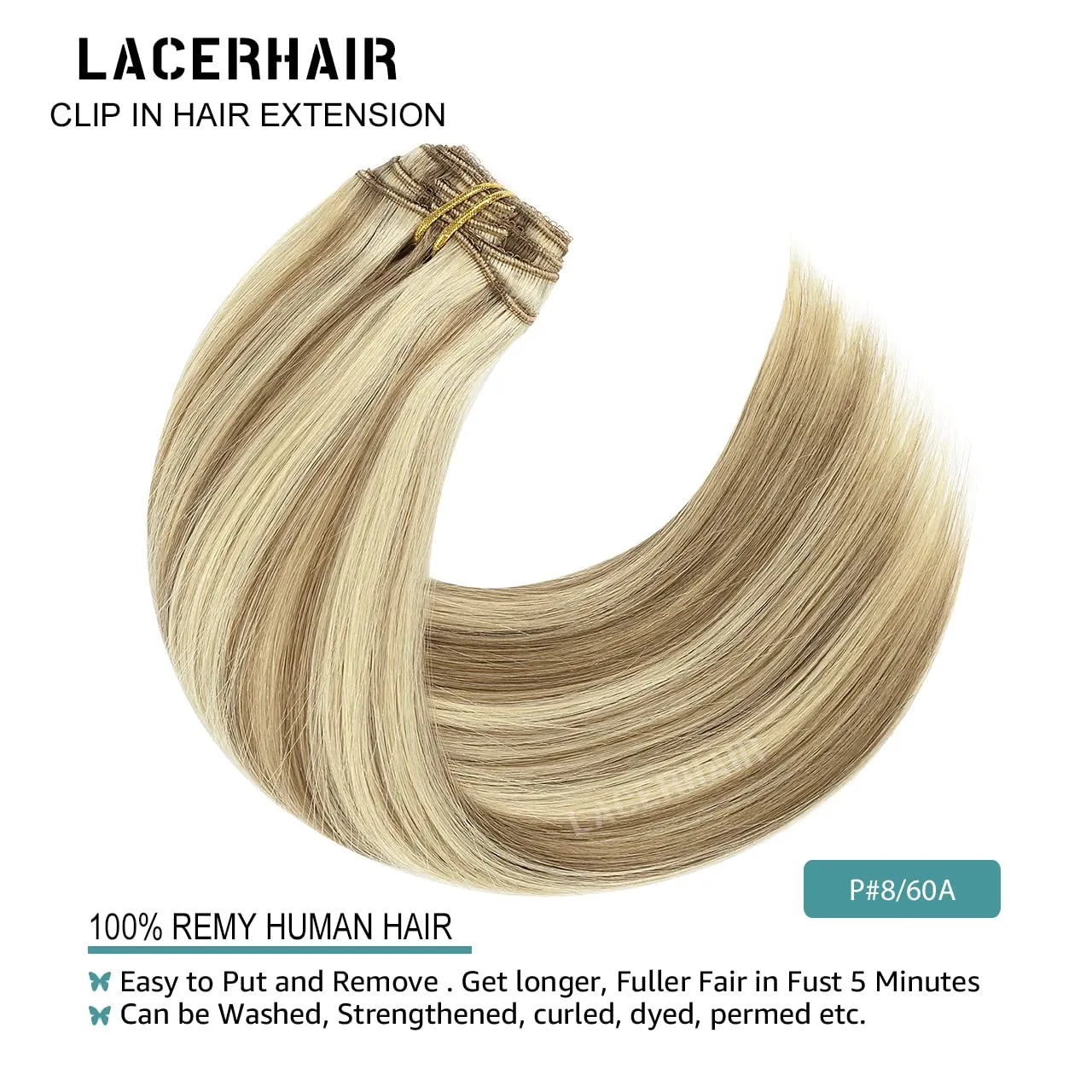 Lacer Hair Clip In Hair Extensions Human Virgin Hair Thick Weft Light Brown And Platinum Blonde Highlights Color Metal Clip Salon Quality Straight Clip In Hair Extension 7 Pieces 140 Gram 22 Inch