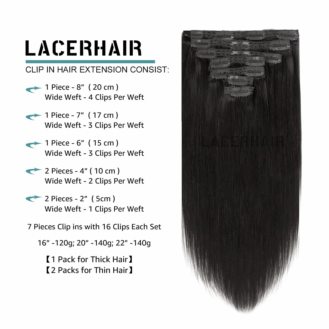 Lacer Black Hair Extensions Clip in Human Hair 140g 7 pcs Double Weft Straight Lace Clip in Hair Extensions in Natural Black #1B 22 Inch Full Head Set Clip Ins
