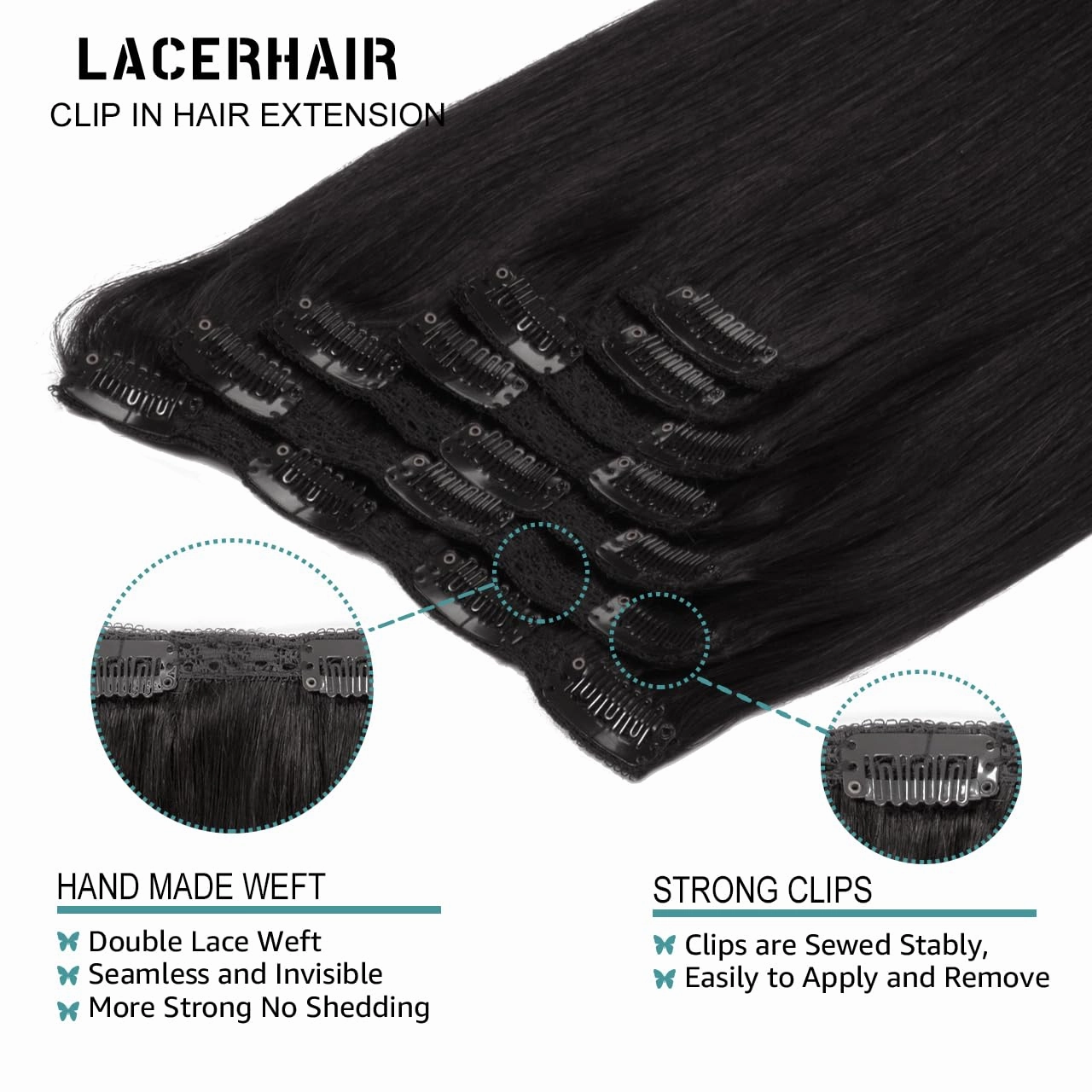 Lacer Black Hair Extensions Clip in Human Hair 140g 7 pcs Double Weft Straight Lace Clip in Hair Extensions in Natural Black #1B 22 Inch Full Head Set Clip Ins