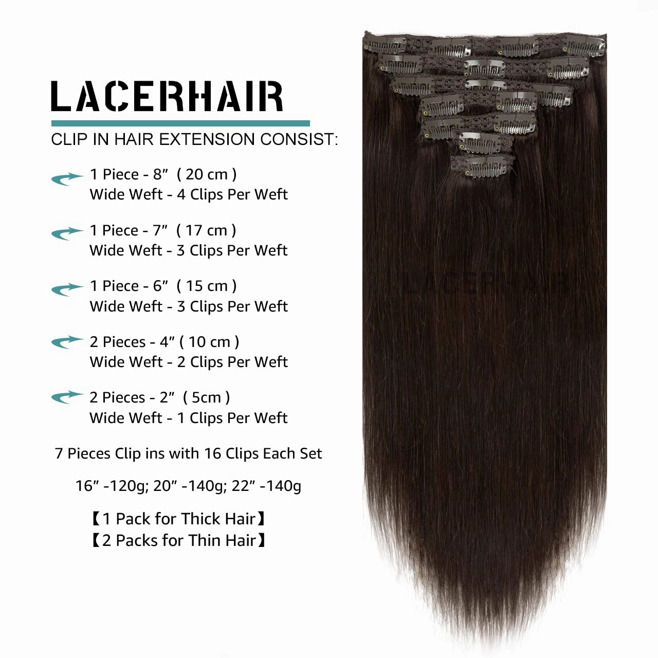 Lacer Clip in Human Hair Extensions, 22 Inch 140g Light Dark Brown Clip in Hair Extensions Real Human Hair Double Weft Natural Straight Remy Human Hair Clip Ins 7 Pcs with 16 Clips Human Hair