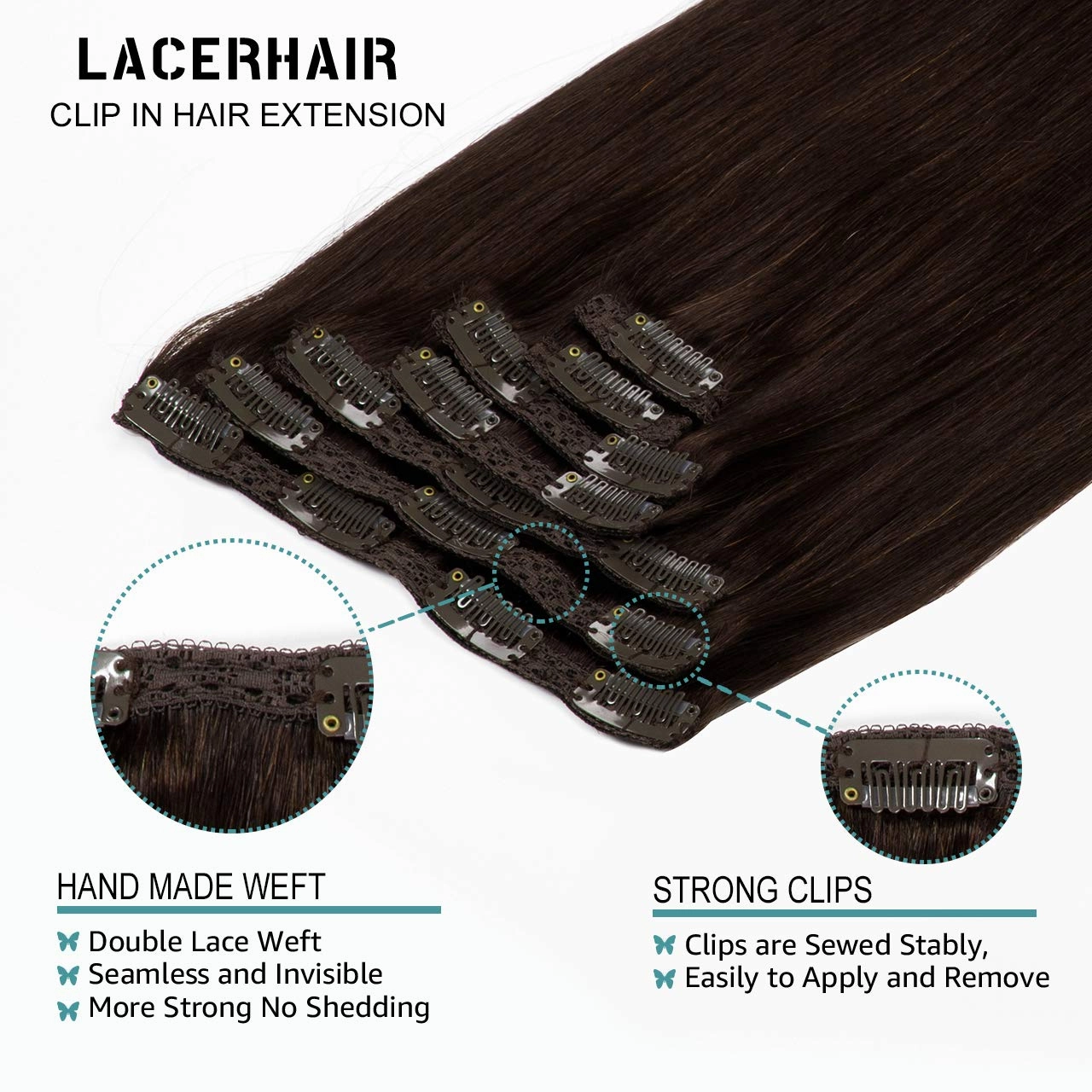 Lacer Clip in Human Hair Extensions, 22 Inch 140g Light Dark Brown Clip in Hair Extensions Real Human Hair Double Weft Natural Straight Remy Human Hair Clip Ins 7 Pcs with 16 Clips Human Hair