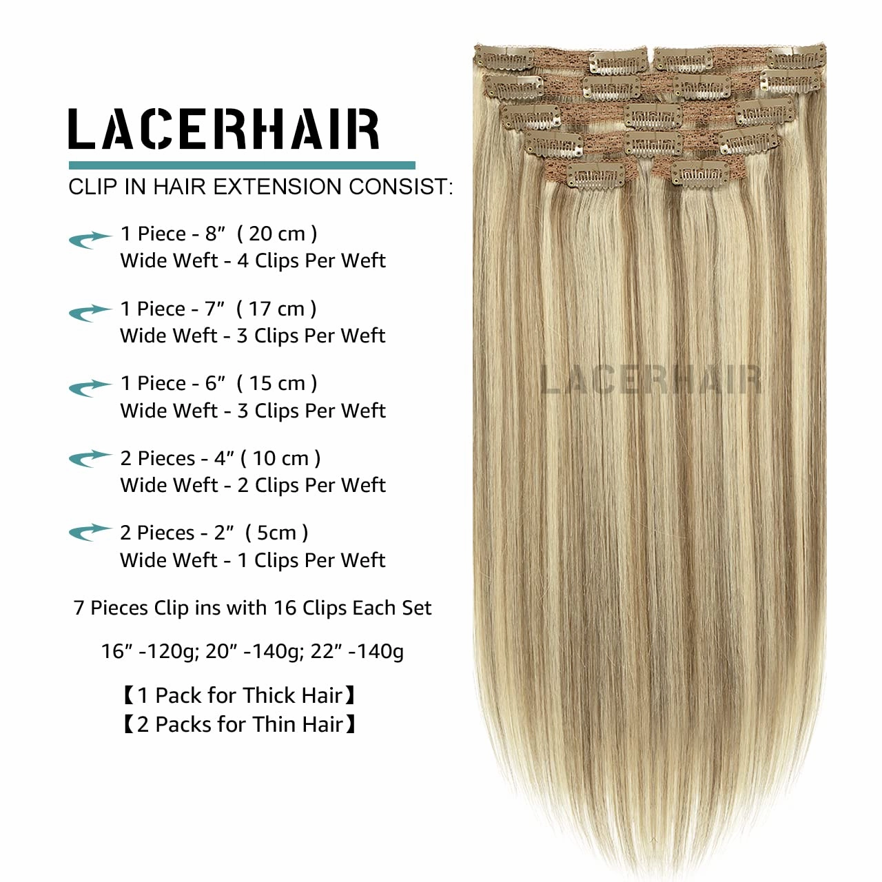 Lacer Hair Clip In Hair Extensions Human Virgin Hair Thick Weft Light Brown And Platinum Blonde Highlights Color Metal Clip Salon Quality Straight Clip In Hair Extension 7 Pieces 140 Gram 22 Inch
