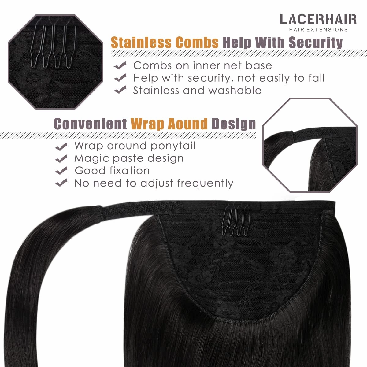 Lacer Hair Extensions Ponytail Human Hair Jet Black Real Hair Ponytail Extension with Magic Paste Straight Natural Ponytail Extension for Black Women 90 Grams 20 Inch