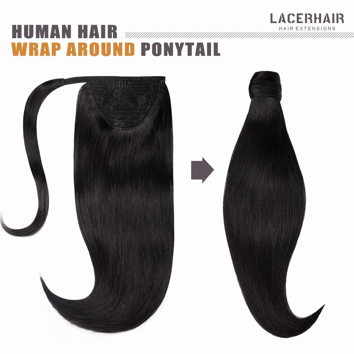 Lacer Hair Extensions Ponytail Human Hair Jet Black Real Hair Ponytail Extension with Magic Paste Straight Natural Ponytail Extension for Black Women 90 Grams 20 Inch