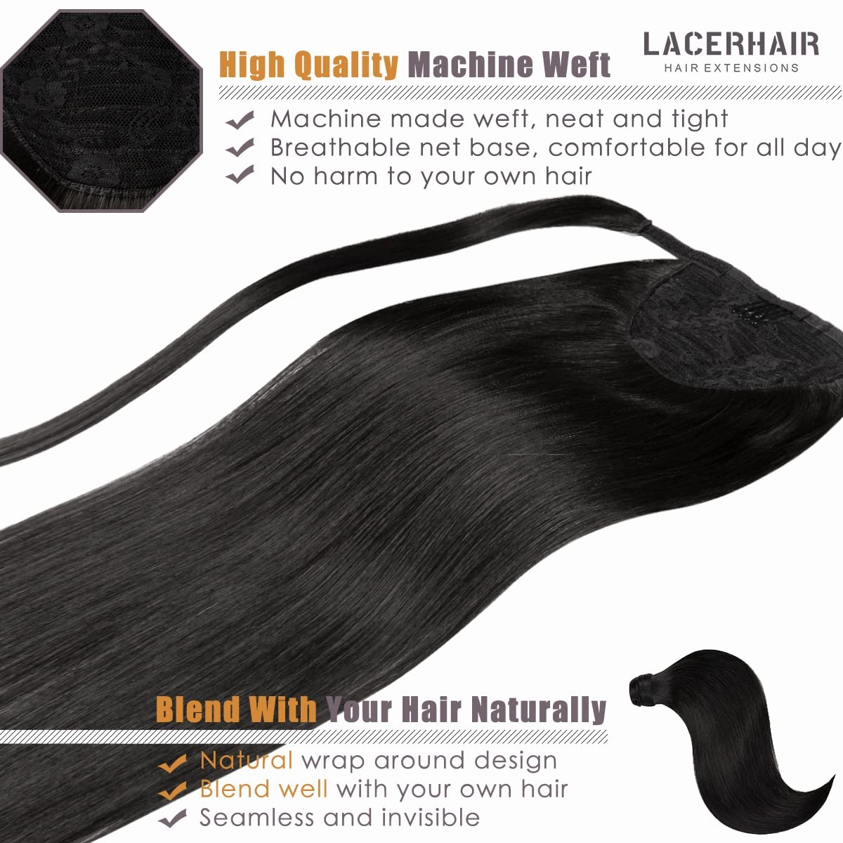 Lacer Hair Extensions Ponytail Human Hair Jet Black Real Hair Ponytail Extension with Magic Paste Straight Natural Ponytail Extension for Black Women 90 Grams 20 Inch