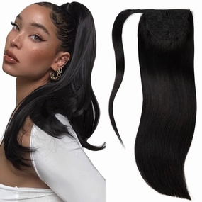 Lacer Hair Extensions Ponytail Human Hair Jet Black Real Hair Ponytail Extension with Magic Paste Straight Natural Ponytail Extension for Black Women 90 Grams 20 Inch