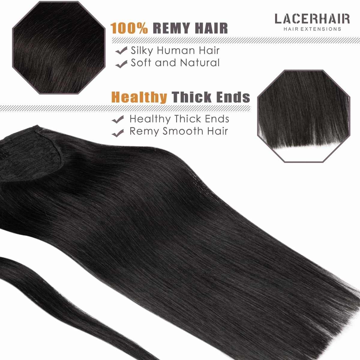 Lacer Hair Extensions Ponytail Human Hair Jet Black Real Hair Ponytail Extension with Magic Paste Straight Natural Ponytail Extension for Black Women 90 Grams 20 Inch