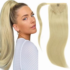 Lacer Human Hair Ponytail Platinum Blonde Color Hair Piece SIlky Straight 80 Grams 16 Inch Wrap Around Ponytail Human Hair Extensions with Invisible Comb