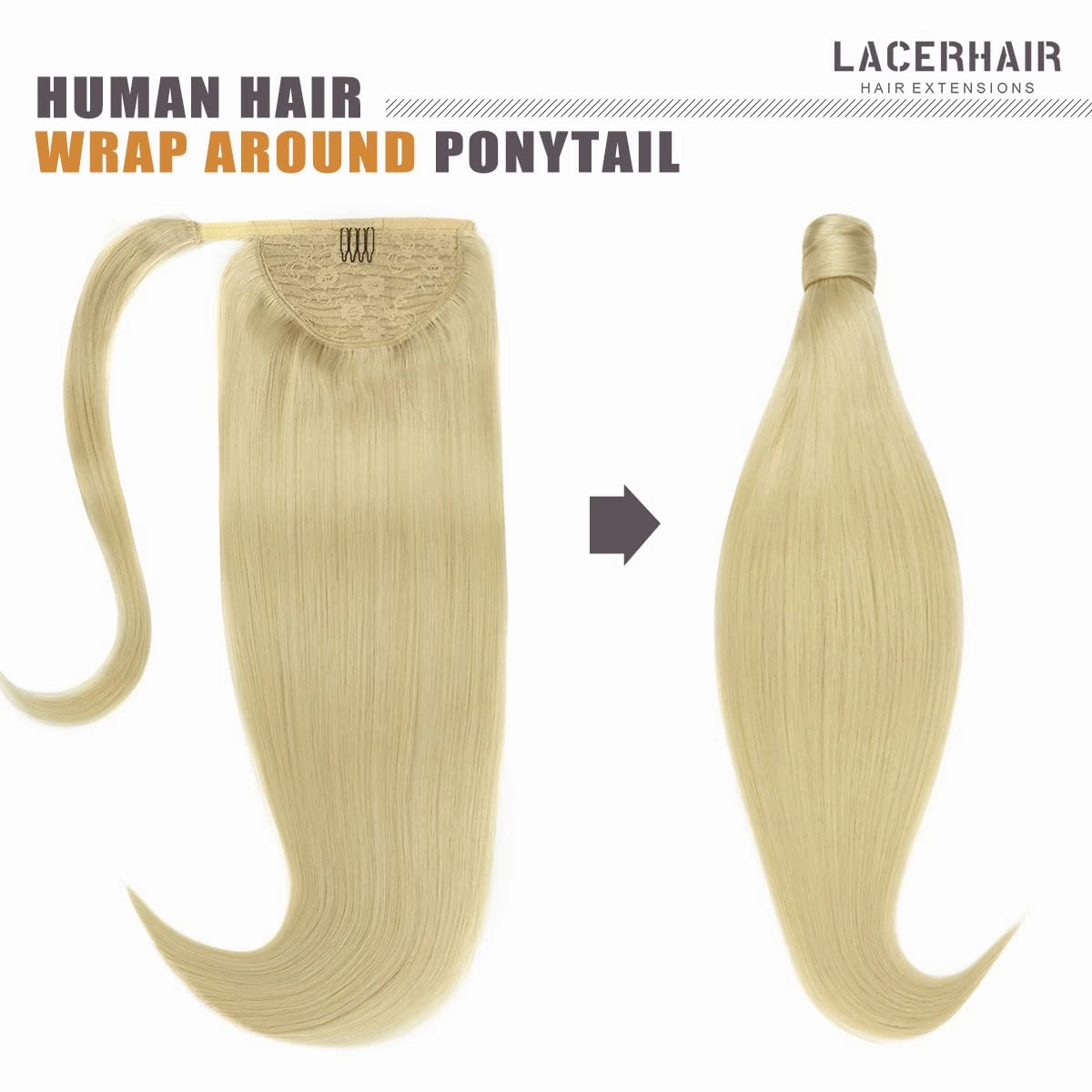 Lacer Human Hair Ponytail Platinum Blonde Color Hair Piece SIlky Straight 80 Grams 16 Inch Wrap Around Ponytail Human Hair Extensions with Invisible Comb