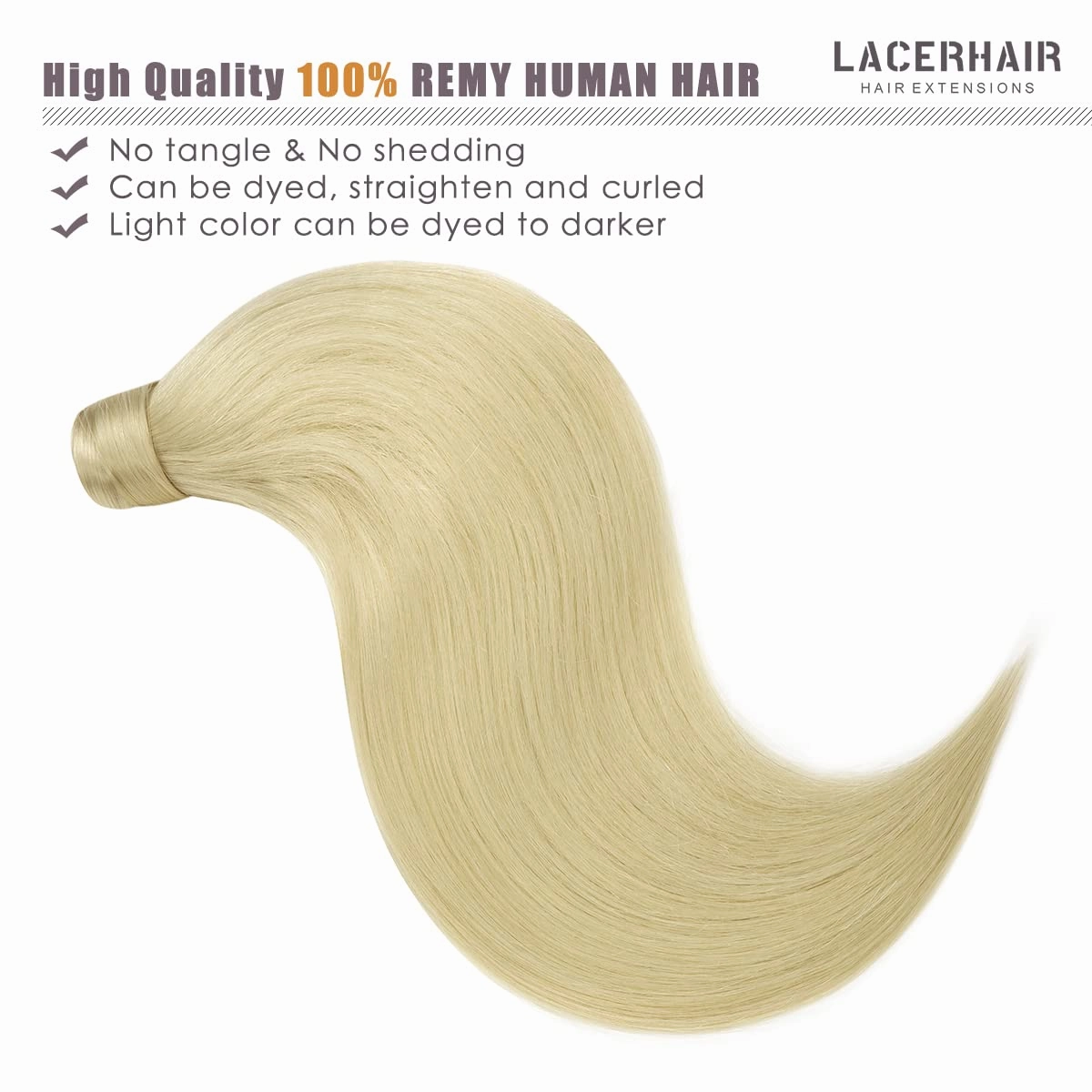 Lacer Human Hair Ponytail Platinum Blonde Color Hair Piece SIlky Straight 80 Grams 16 Inch Wrap Around Ponytail Human Hair Extensions with Invisible Comb