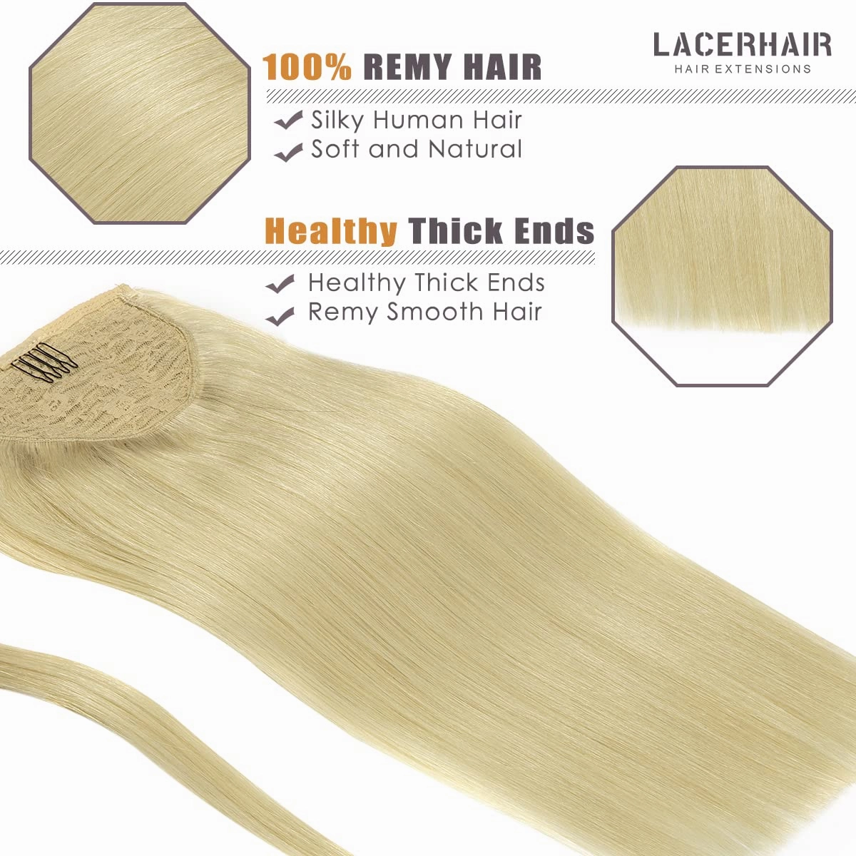 Lacer Human Hair Ponytail Platinum Blonde Color Hair Piece SIlky Straight 80 Grams 16 Inch Wrap Around Ponytail Human Hair Extensions with Invisible Comb