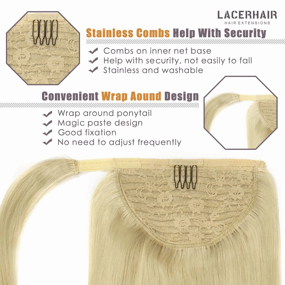 Lacer Human Hair Ponytail Platinum Blonde Color Hair Piece SIlky Straight 80 Grams 16 Inch Wrap Around Ponytail Human Hair Extensions with Invisible Comb