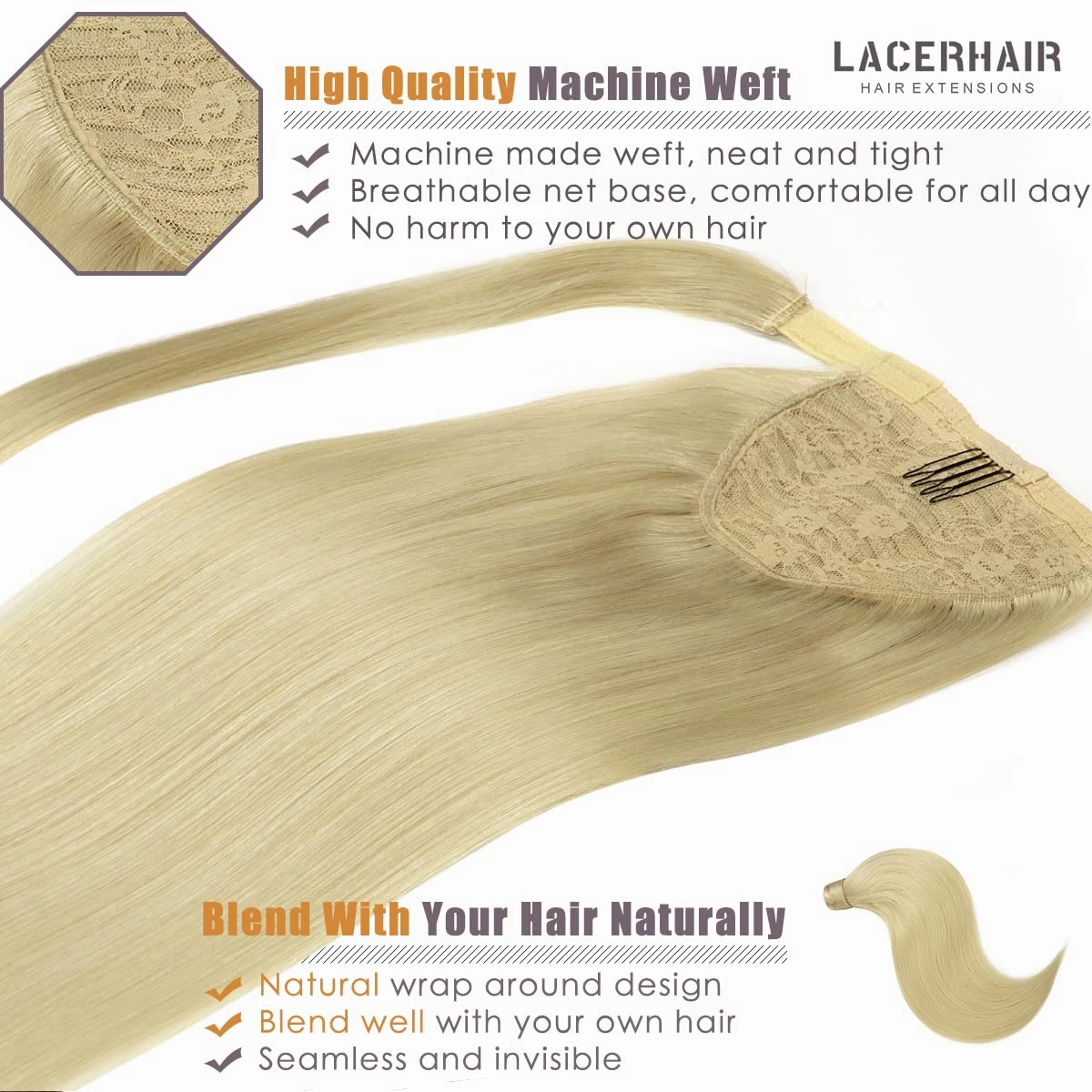 Lacer Human Hair Ponytail Platinum Blonde Color Hair Piece SIlky Straight 80 Grams 16 Inch Wrap Around Ponytail Human Hair Extensions with Invisible Comb