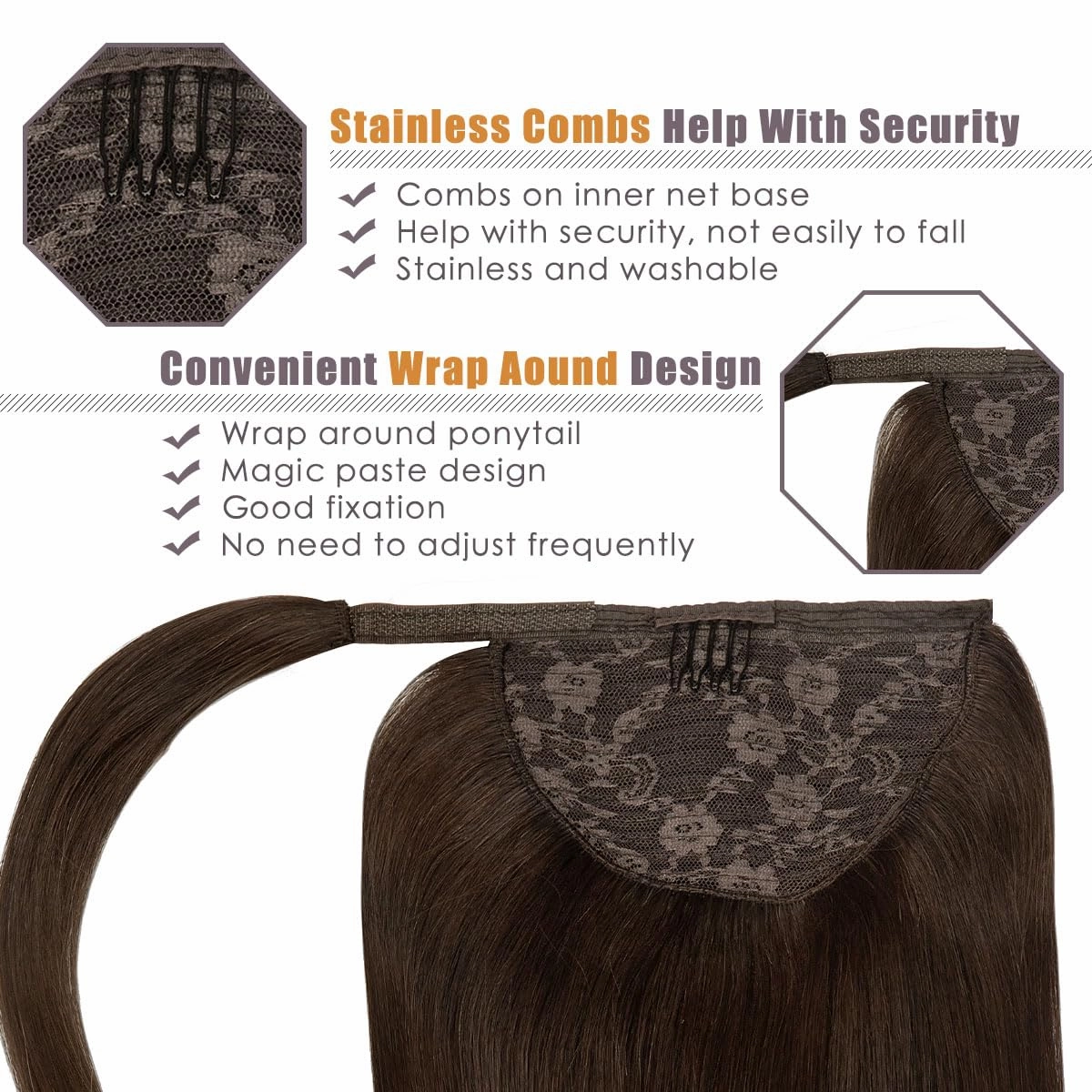 Lacer Ponytail Hair Extensions Clip in Human Hair Extensions Warm Dark Brown 20 Inch 90g Real Human Hair Ponytail Extension Wrap Around Hair Extensions Ponytail with Magic Paste Silky Long Straight