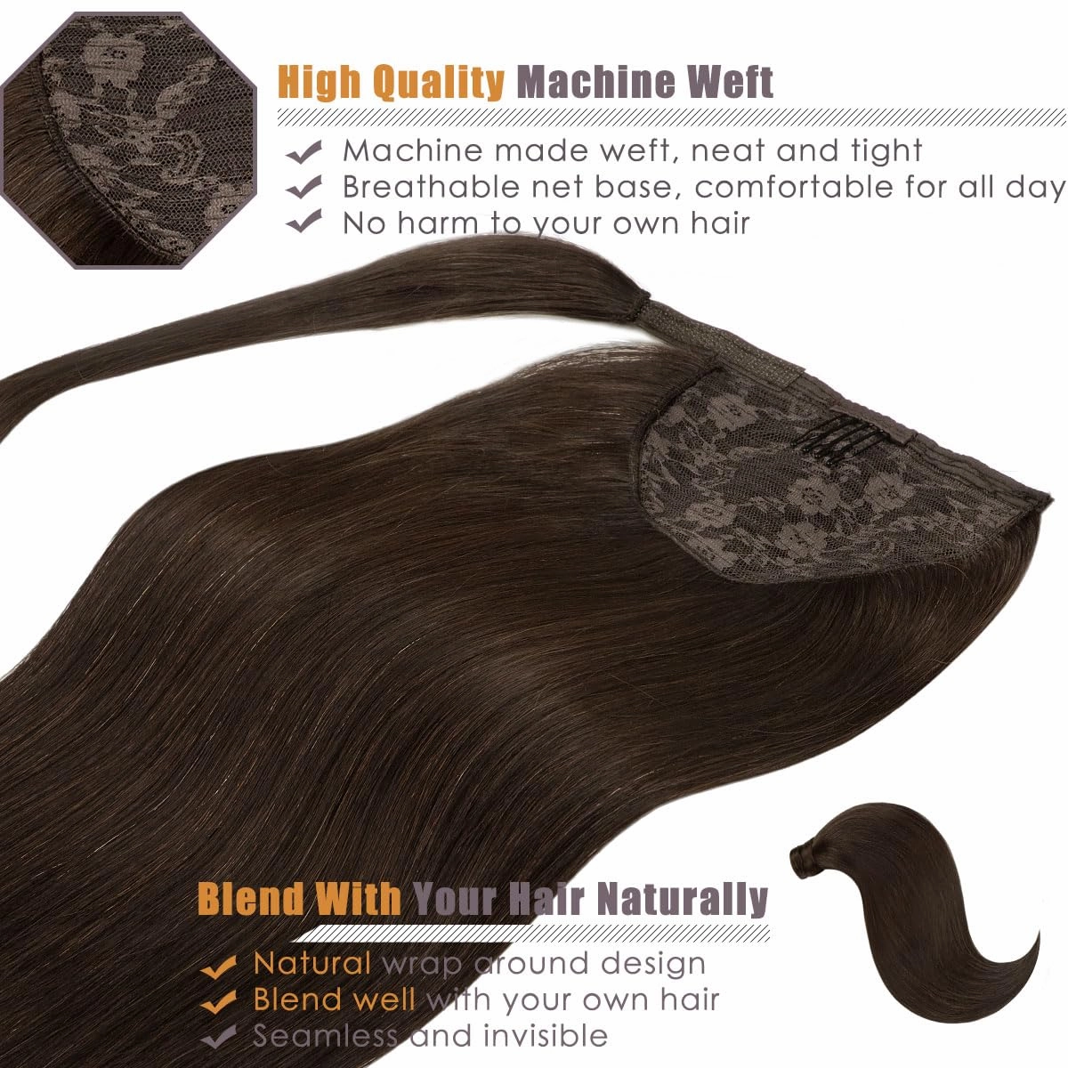 Lacer Ponytail Hair Extensions Clip in Human Hair Extensions Warm Dark Brown 20 Inch 90g Real Human Hair Ponytail Extension Wrap Around Hair Extensions Ponytail with Magic Paste Silky Long Straight