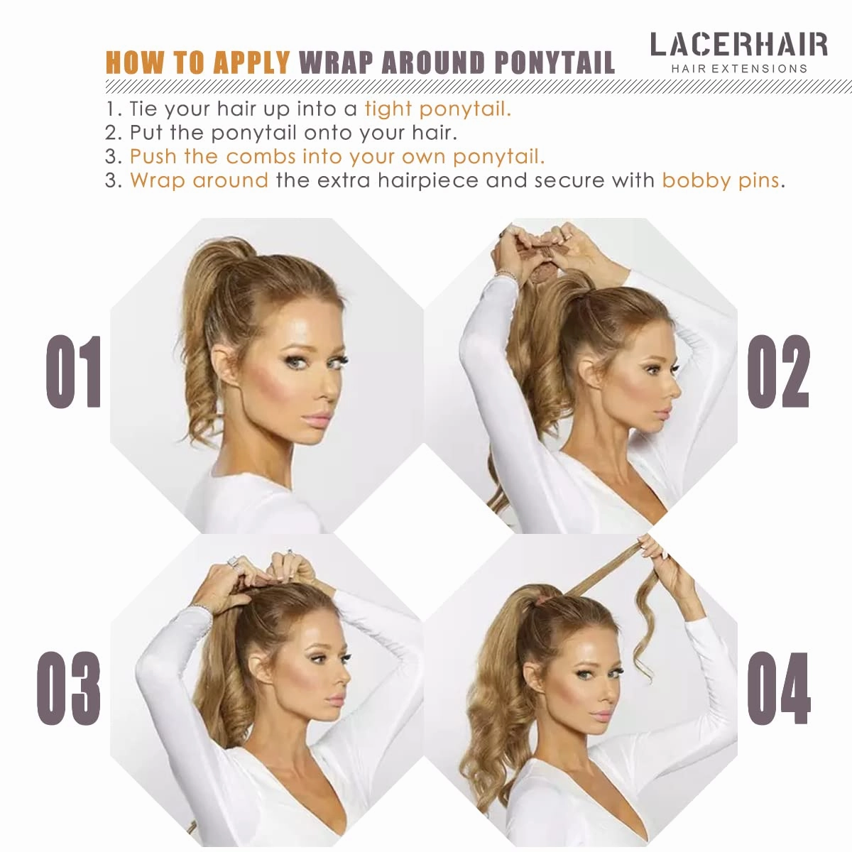 Lacer Warm Dark Brown Hair Extensions Ponytail Human Hair 18 Inch 80g Straight Wrap Around Ponytail Hair Piece Real Human Hair Extensions with Comb