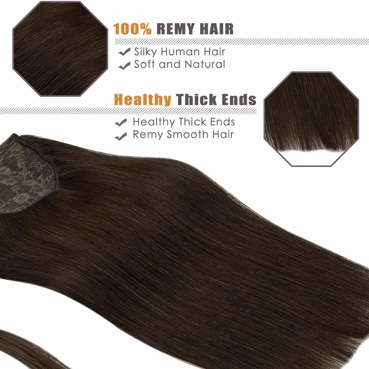 Lacer Warm Dark Brown Hair Extensions Ponytail Human Hair 18 Inch 80g Straight Wrap Around Ponytail Hair Piece Real Human Hair Extensions with Comb