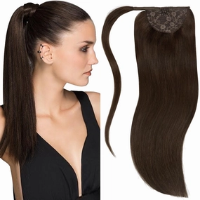 Lacer Warm Dark Brown Hair Extensions Ponytail Human Hair 18 Inch 80g Straight Wrap Around Ponytail Hair Piece Real Human Hair Extensions with Comb