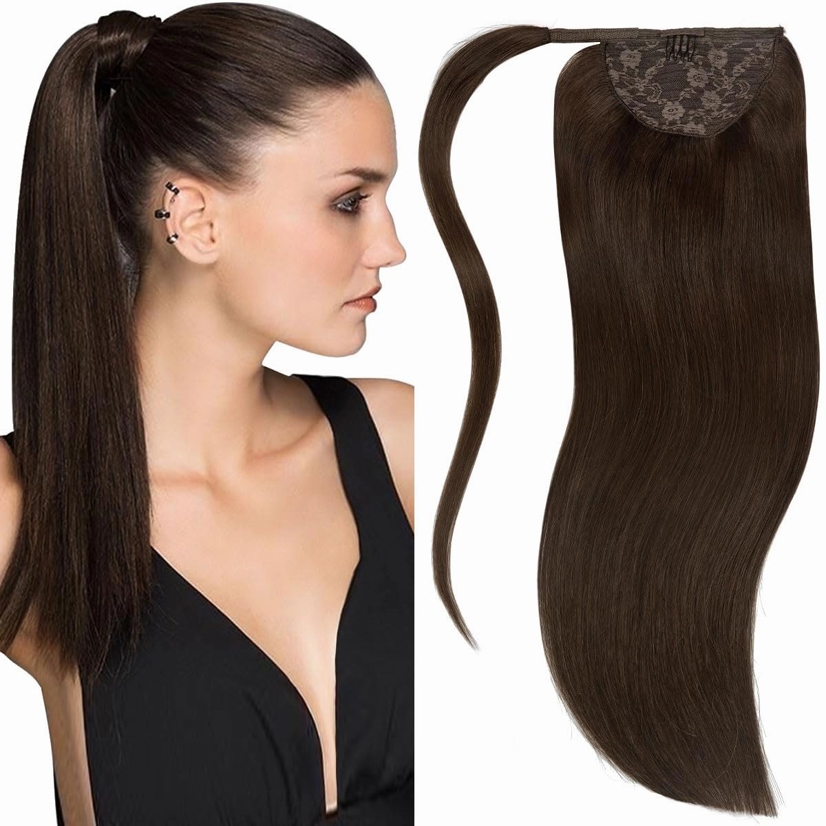 Lacer Warm Dark Brown Hair Extensions Ponytail Human Hair 18 Inch 80g Straight Wrap Around Ponytail Hair Piece Real Human Hair Extensions with Comb