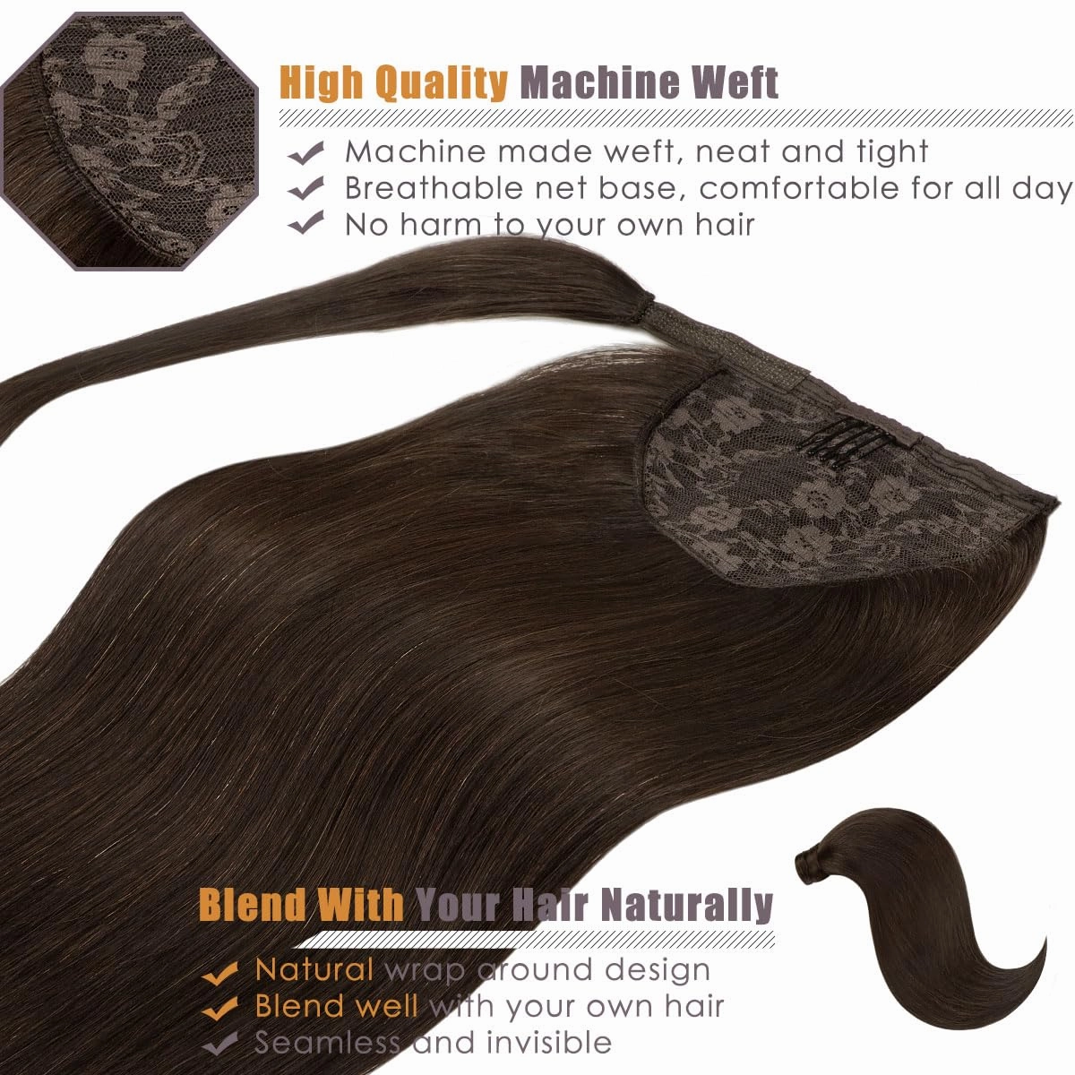 Lacer Warm Dark Brown Hair Extensions Ponytail Human Hair 18 Inch 80g Straight Wrap Around Ponytail Hair Piece Real Human Hair Extensions with Comb