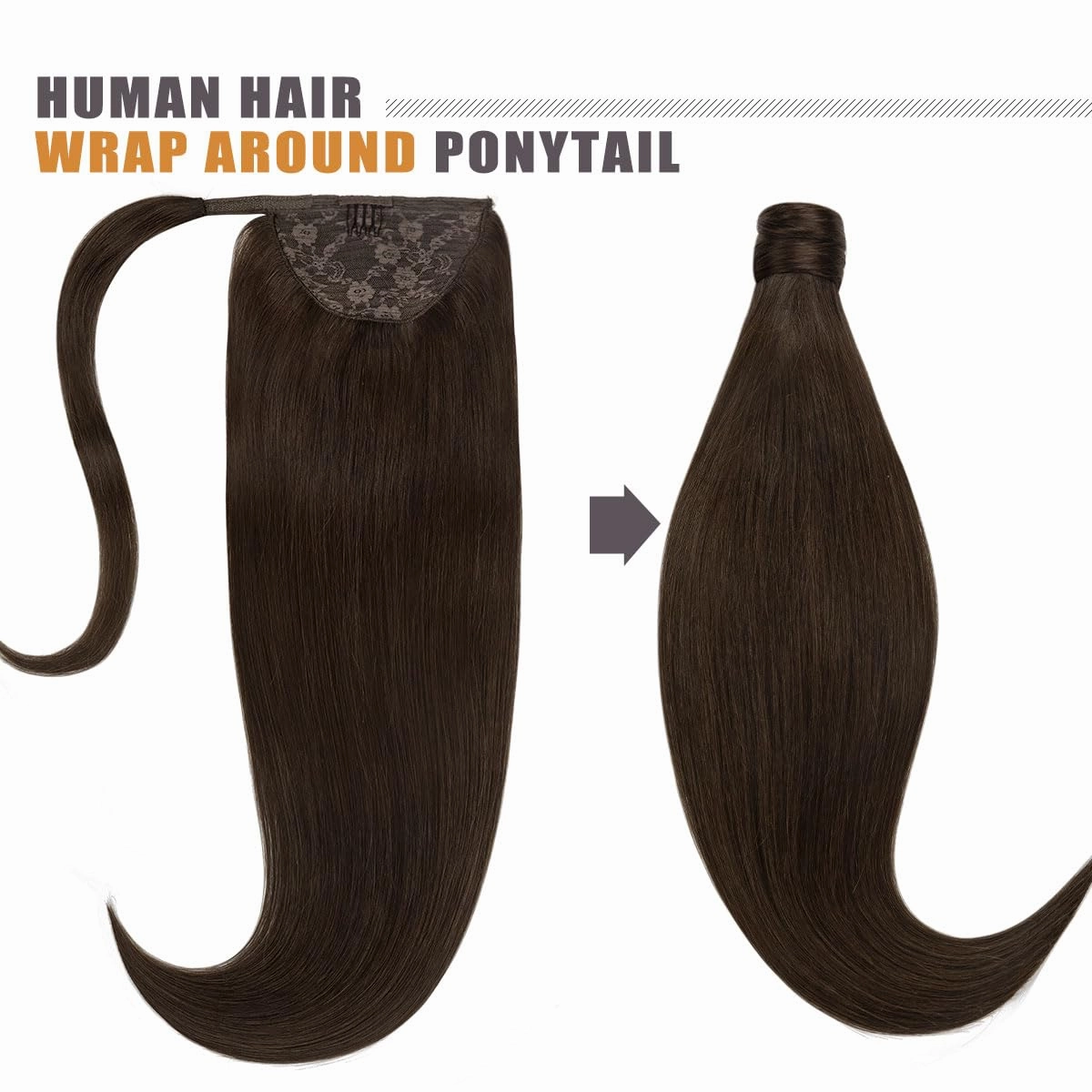 Lacer Warm Dark Brown Hair Extensions Ponytail Human Hair 18 Inch 80g Straight Wrap Around Ponytail Hair Piece Real Human Hair Extensions with Comb