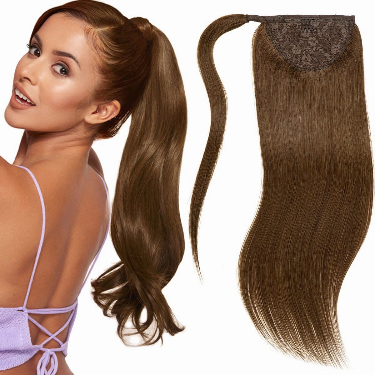 Lacer Wrap Around Ponytail Human Hair with Magic Paste Chocolate Brown Lace Weft 16 Inch Wrap Around Ponytail Human Hair Natural One Piece Real Hair Ponytails for Women 70 Grams