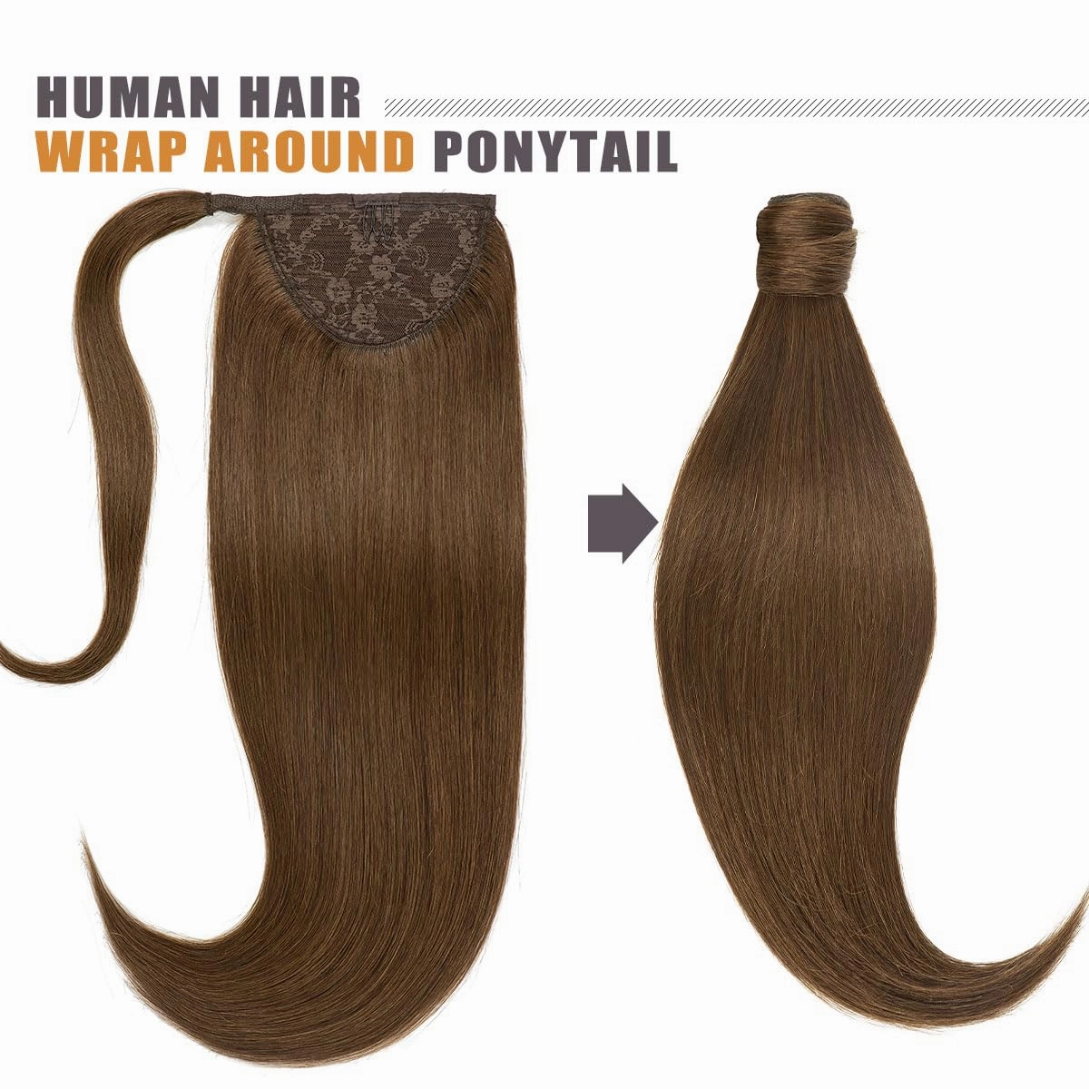Lacer Wrap Around Ponytail Human Hair with Magic Paste Chocolate Brown Lace Weft 16 Inch Wrap Around Ponytail Human Hair Natural One Piece Real Hair Ponytails for Women 70 Grams