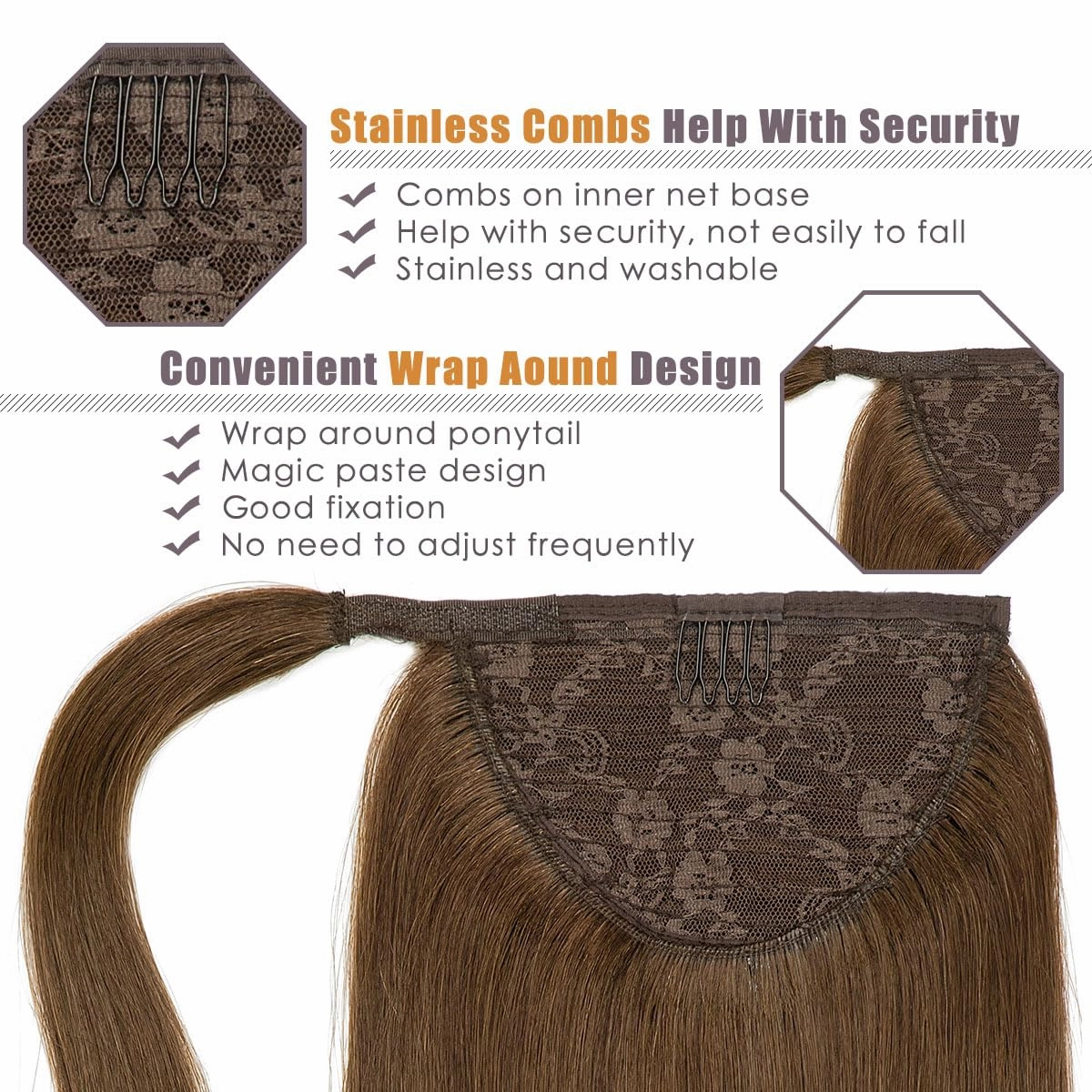 Lacer Wrap Around Ponytail Human Hair with Magic Paste Chocolate Brown Lace Weft 16 Inch Wrap Around Ponytail Human Hair Natural One Piece Real Hair Ponytails for Women 70 Grams