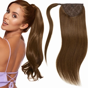 Lacer Wrap Around Ponytail Human Hair with Magic Paste Chocolate Brown Lace Weft 16 Inch Wrap Around Ponytail Human Hair Natural One Piece Real Hair Ponytails for Women 70 Grams