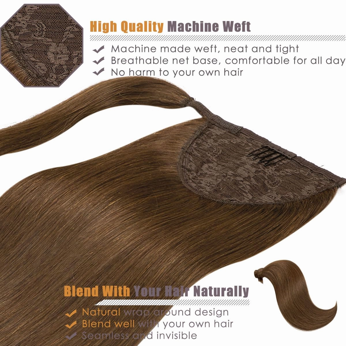 Lacer Wrap Around Ponytail Human Hair with Magic Paste Chocolate Brown Lace Weft 16 Inch Wrap Around Ponytail Human Hair Natural One Piece Real Hair Ponytails for Women 70 Grams