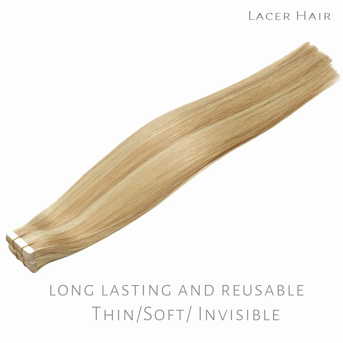 Lacerhair Hair Extensions Natural Remy Tape in Human Hair Extensions Dip Dyed Balayage Seamless PU Skin Weft 100% Real Virgin Hair Ombre Golden Blond Colour Double Side 50g 20pcs/set 60cm , P 12/60