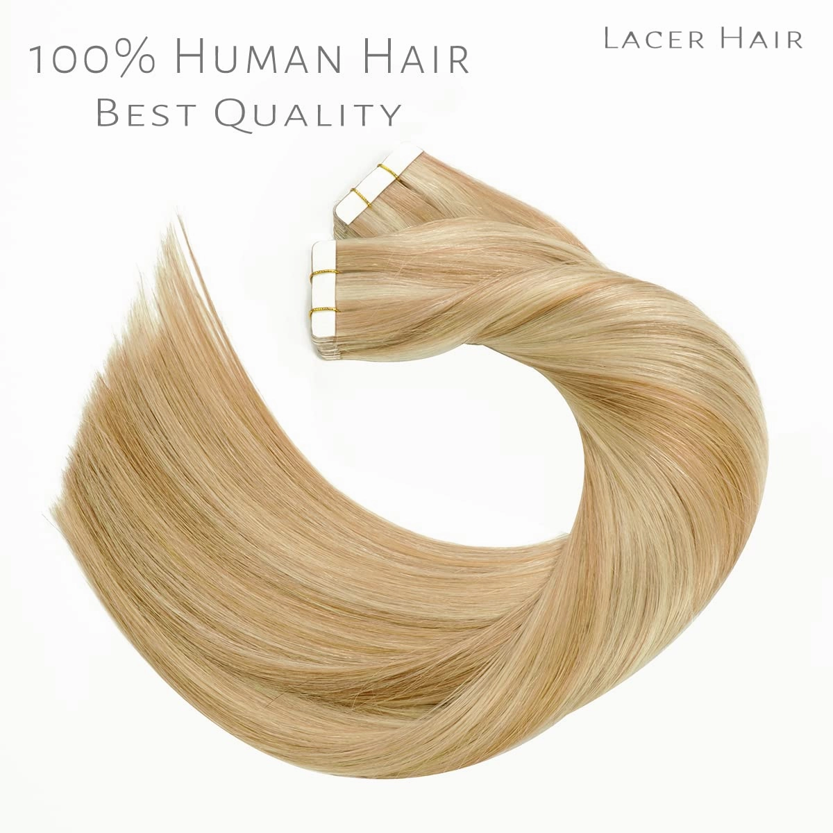 Lacerhair Hair Extensions Natural Remy Tape in Human Hair Extensions Dip Dyed Balayage Seamless PU Skin Weft 100% Real Virgin Hair Ombre Golden Blond Colour Double Side 50g 20pcs/set 60cm , P 12/60