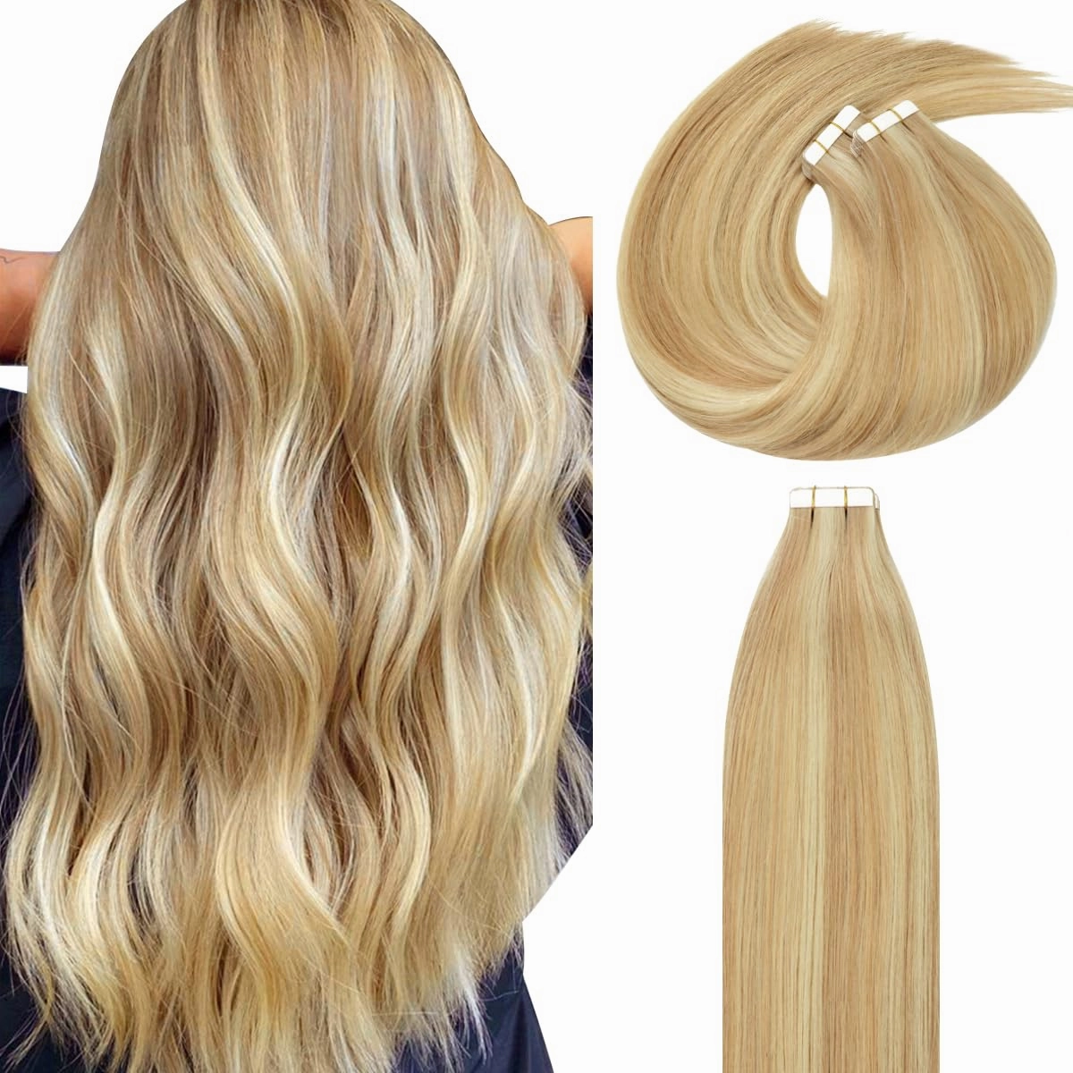 Lacerhair Hair Extensions Natural Remy Tape in Human Hair Extensions Dip Dyed Balayage Seamless PU Skin Weft 100% Real Virgin Hair Ombre Golden Blond Colour Double Side 50g 20pcs/set 60cm , P 12/60