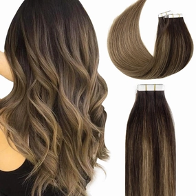 Lacerhair Natural Hair Extensions Remy Tape in Human Hair Extensions Balayage Seamless PU Skin Weft 100% Real Virgin Hair Ombre Darkest Brown to Chestnut Brown Color 50g 20pcs/set 22 Inch