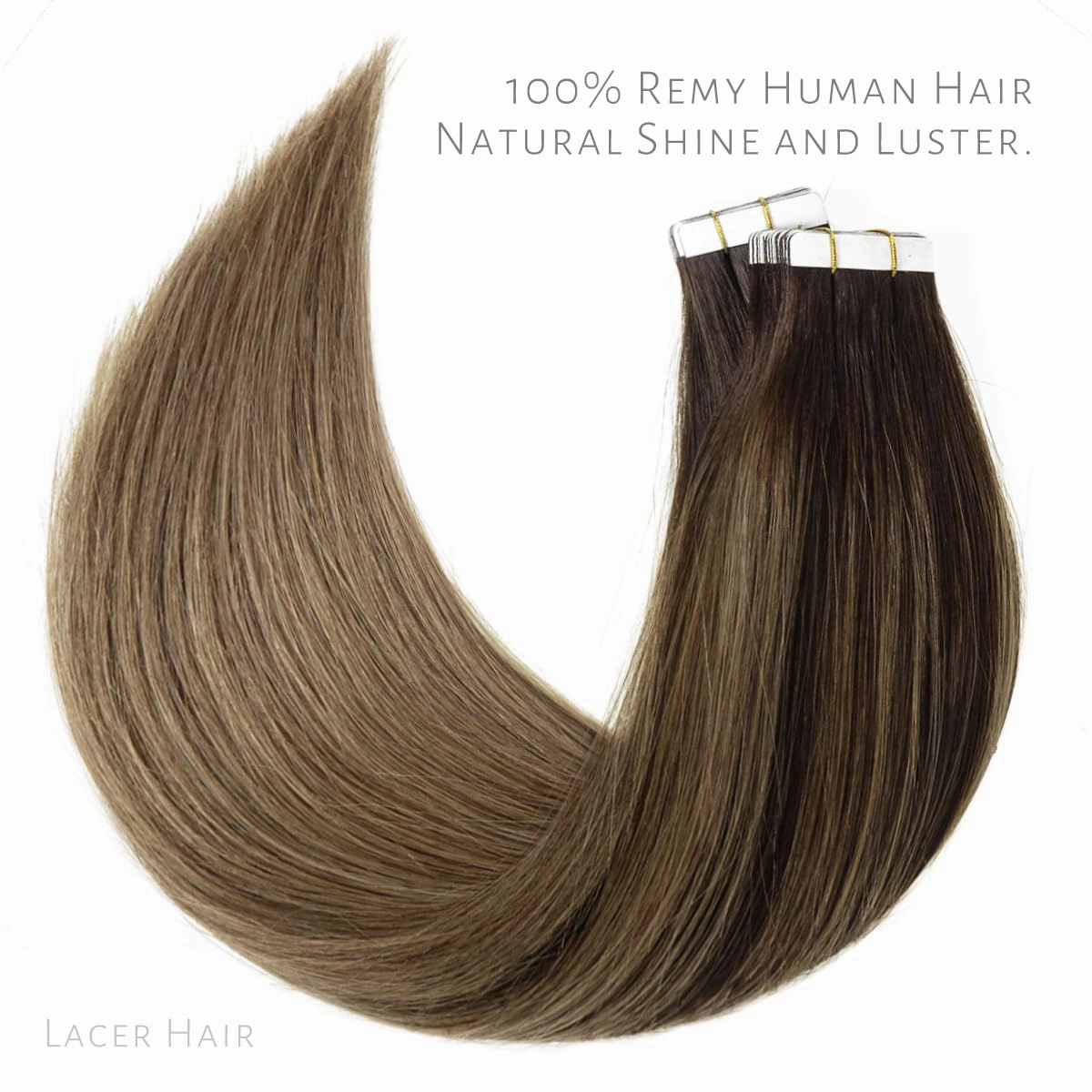 Lacerhair Natural Hair Extensions Remy Tape in Human Hair Extensions Balayage Seamless PU Skin Weft 100% Real Virgin Hair Ombre Darkest Brown to Chestnut Brown Color 50g 20pcs/set 22 Inch