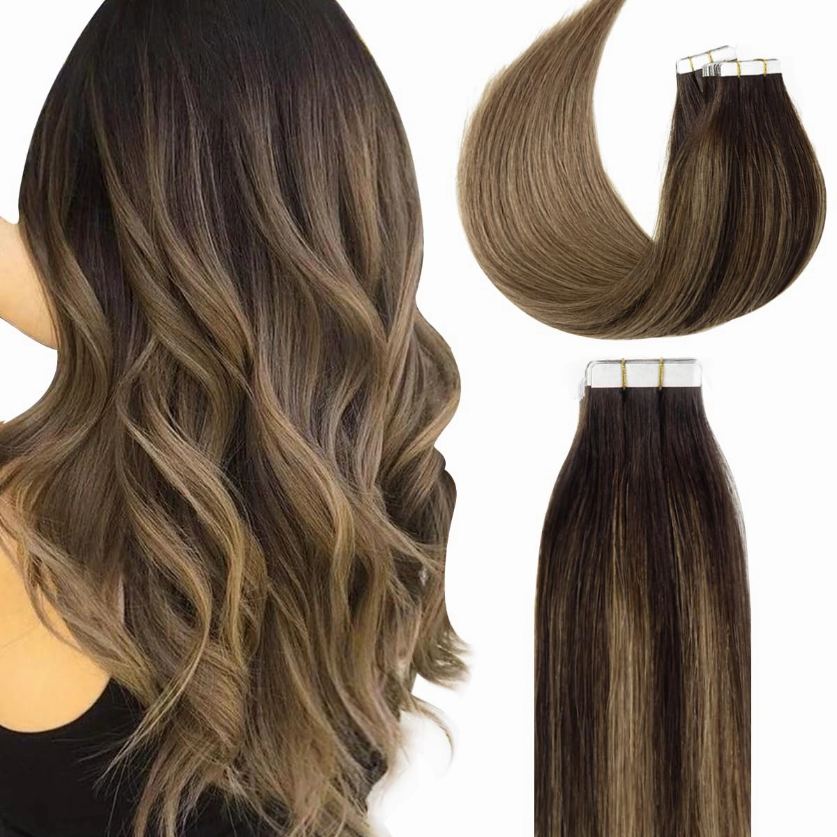 Lacerhair Natural Hair Extensions Remy Tape in Human Hair Extensions Balayage Seamless PU Skin Weft 100% Real Virgin Hair Ombre Darkest Brown to Chestnut Brown Color 50g 20pcs/set 22 Inch