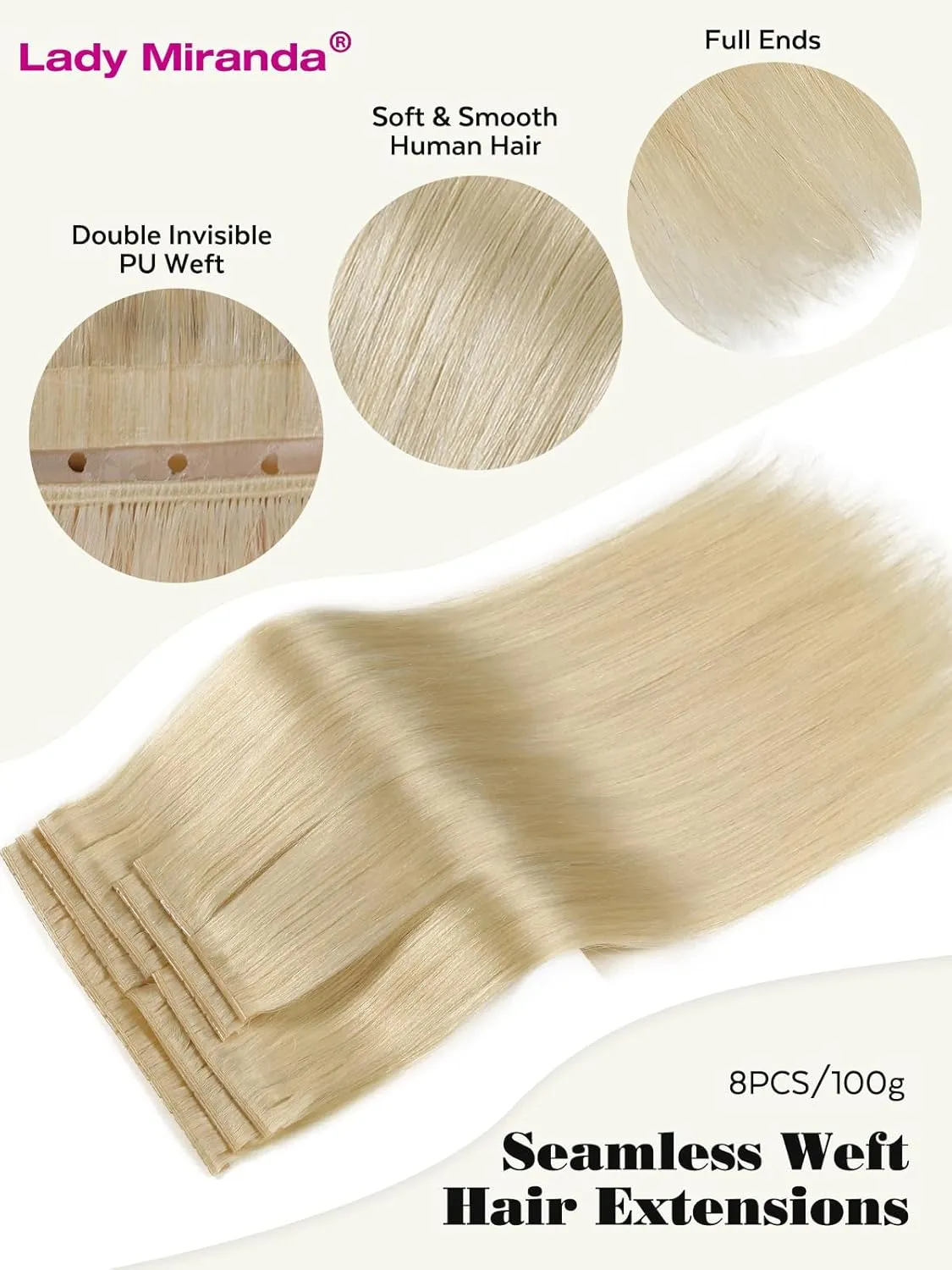 LADY MIRANDA 20 Inch 100g Blonde Human Hair Extensions-Double Weft with Micro Beads Invisible Weft, Genius Handmade Twin Tabs Wefts for All-Day Comfort & Natural-Looking(Blonde, 20 Inch)