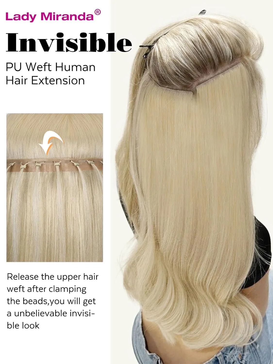 LADY MIRANDA 20 Inch 100g Blonde Human Hair Extensions-Double Weft with Micro Beads Invisible Weft, Genius Handmade Twin Tabs Wefts for All-Day Comfort & Natural-Looking(Blonde, 20 Inch)