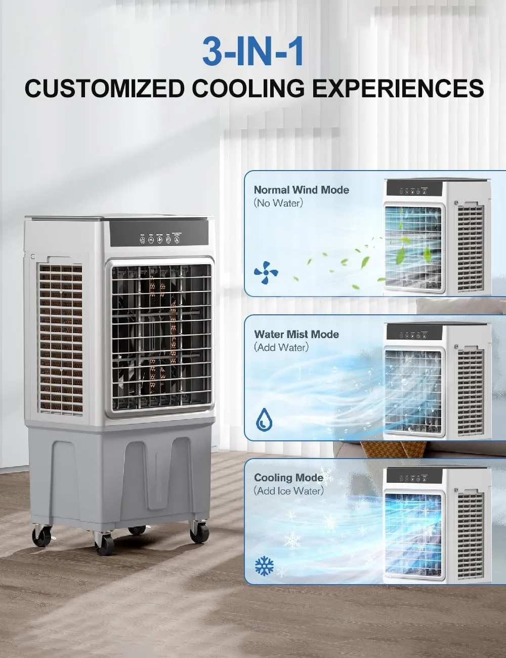 Large Swamp Cooler Air Conditioner, 2200CFM Evaporative Air Cooler, 24H Timer & 8 Gal Water Tank, 100°Oscillation, 3 Speeds&4 Ice Boxes,Remote, Portable Cooling Fan for Garage Outdoor Indoor